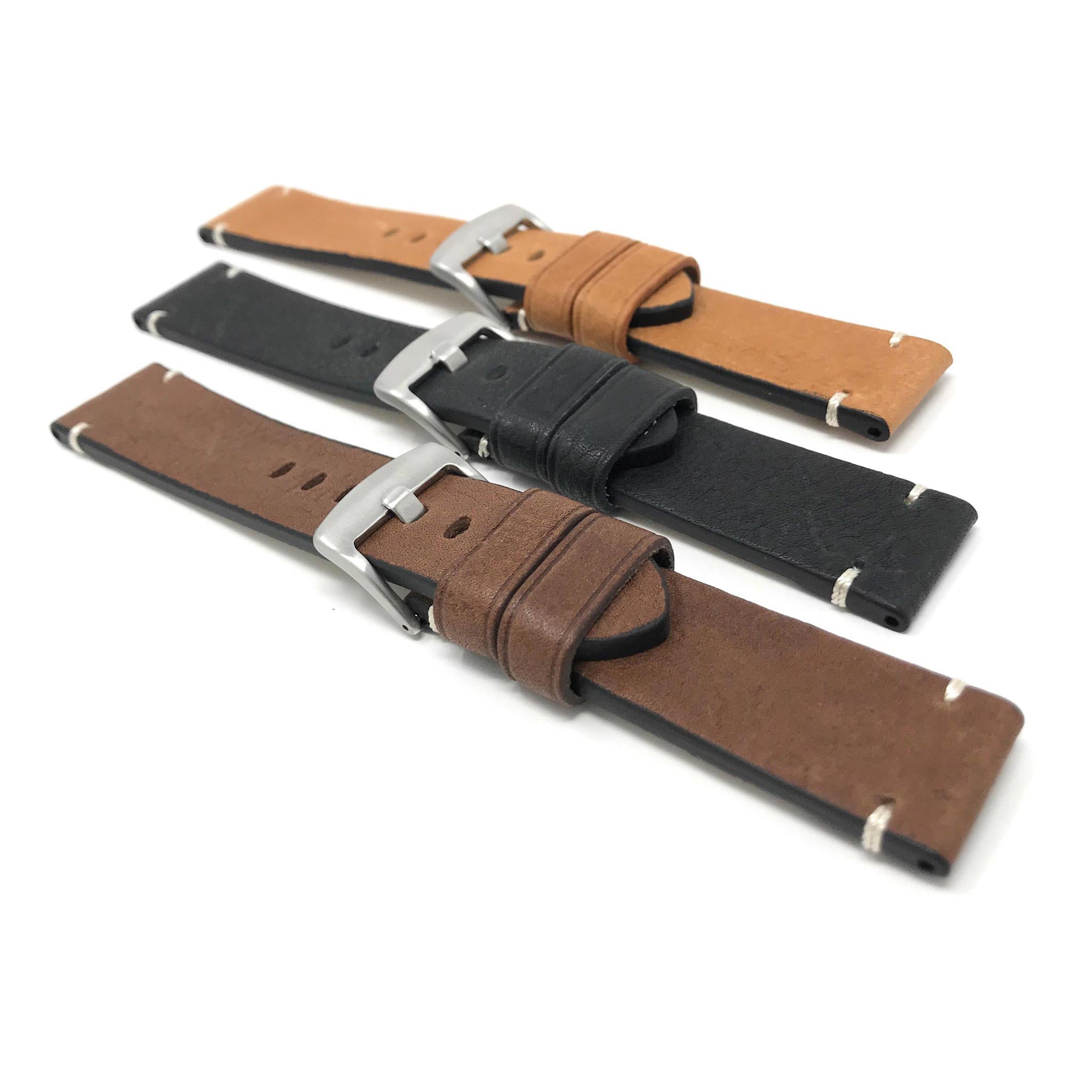 Bandini Mens Distressed Leather Watch Band Strap, Minimal Stitch - 20mm, 22mm, 24mm