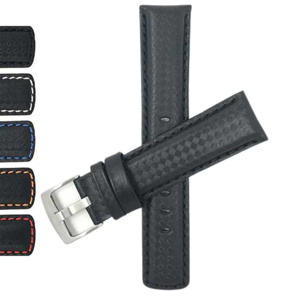 Bandini Mens Leather Carbon Fiber Pattern Watch Band Strap - 20mm, 22mm, 24mm