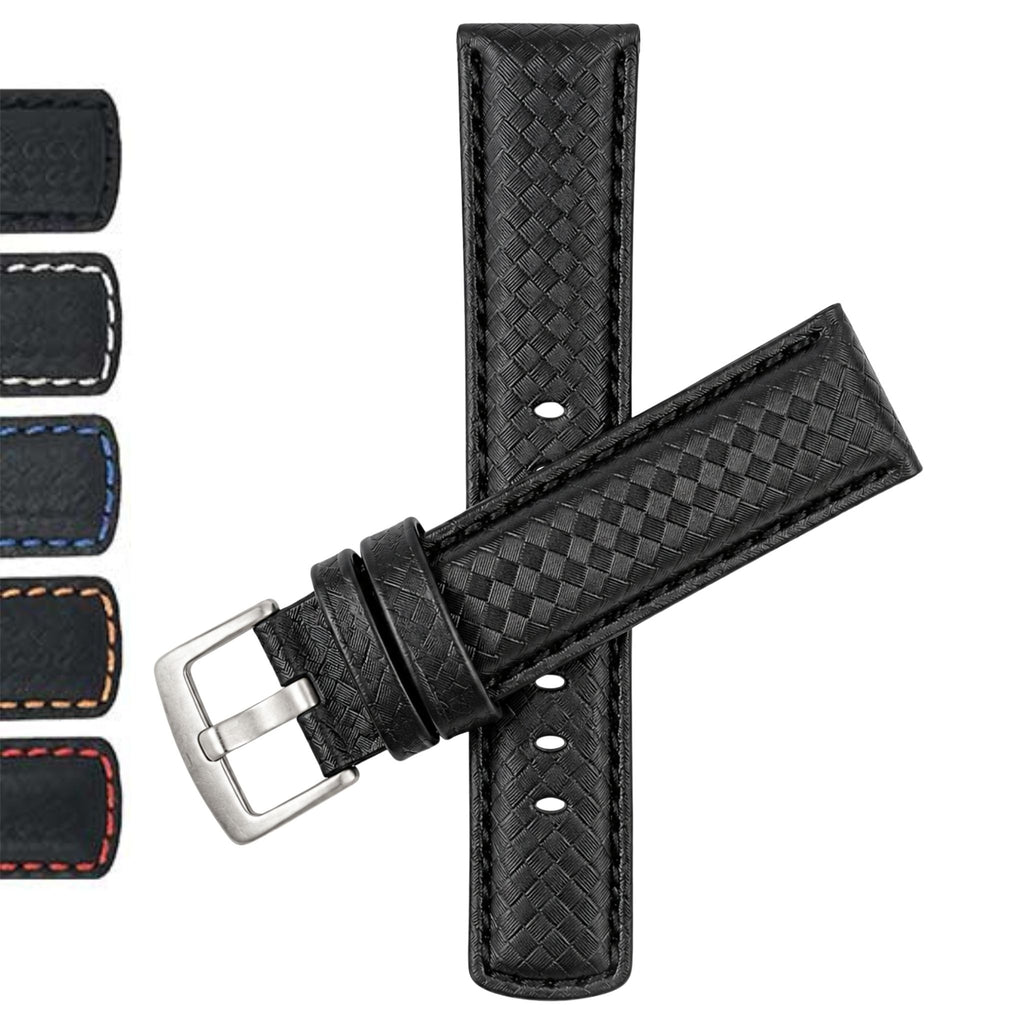 Bandini Mens Leather Carbon Fiber Pattern Watch Band Strap - 20mm, 22mm, 24mm