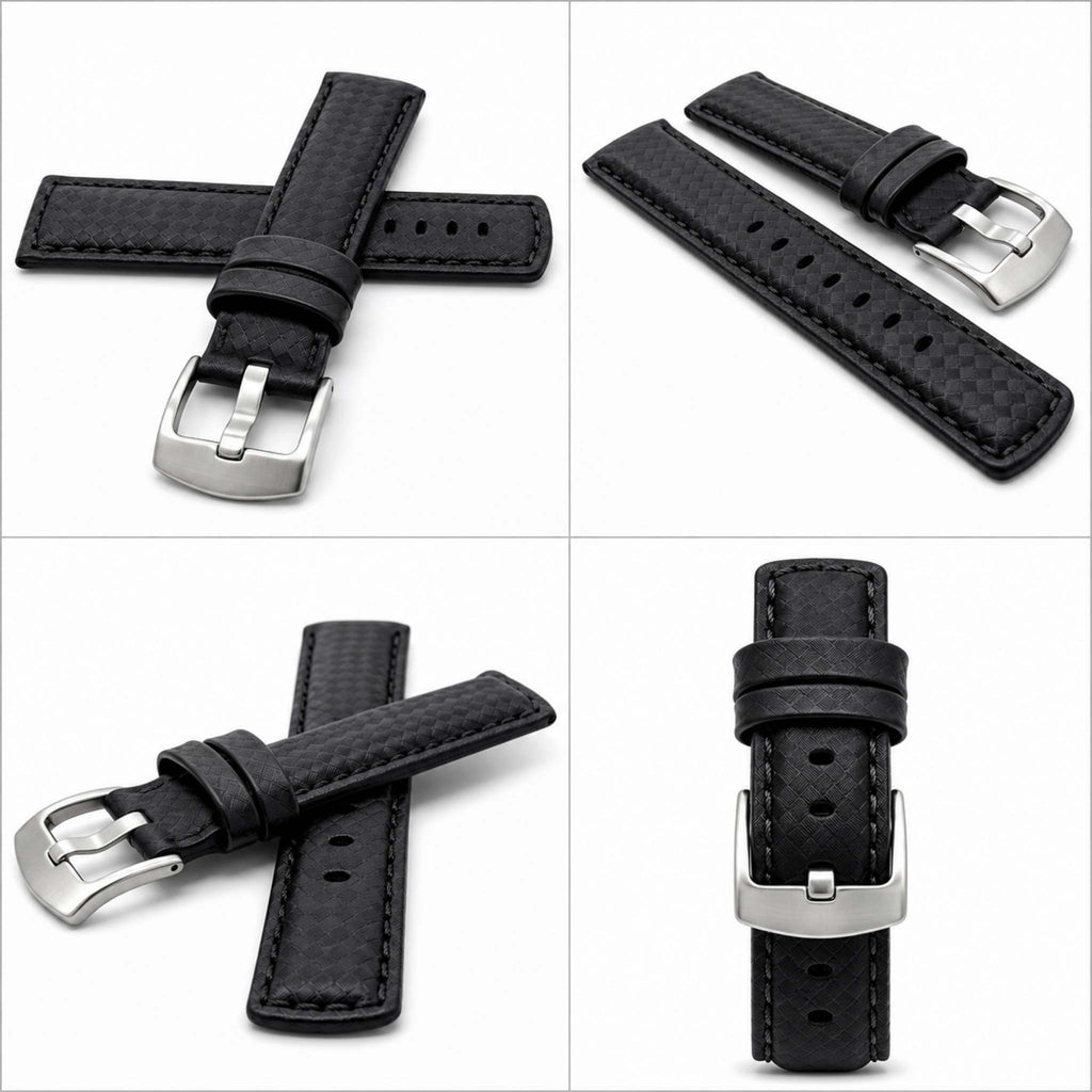 Bandini Mens Leather Carbon Fiber Pattern Watch Band Strap - 20mm, 22mm, 24mm