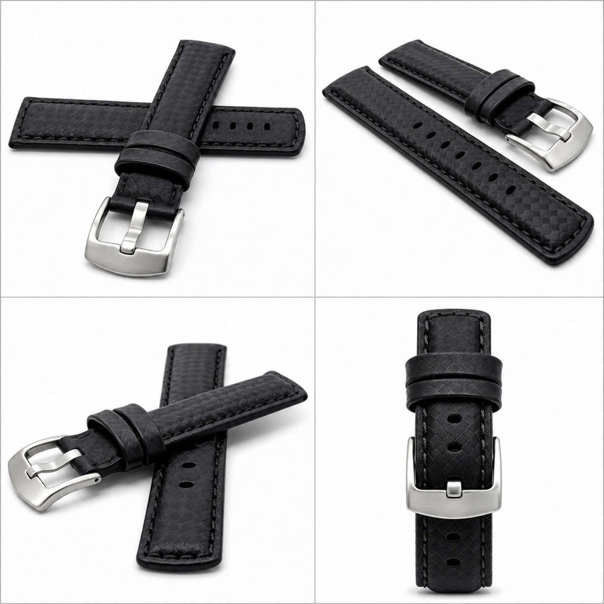 Bandini Mens Leather Carbon Fiber Pattern Watch Band Strap - 20mm, 22mm, 24mm