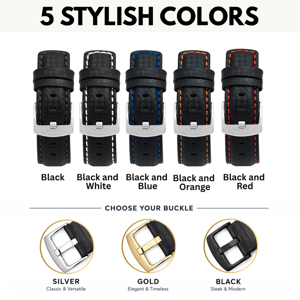 Bandini Mens Leather Carbon Fiber Pattern Watch Band Strap - 20mm, 22mm, 24mm
