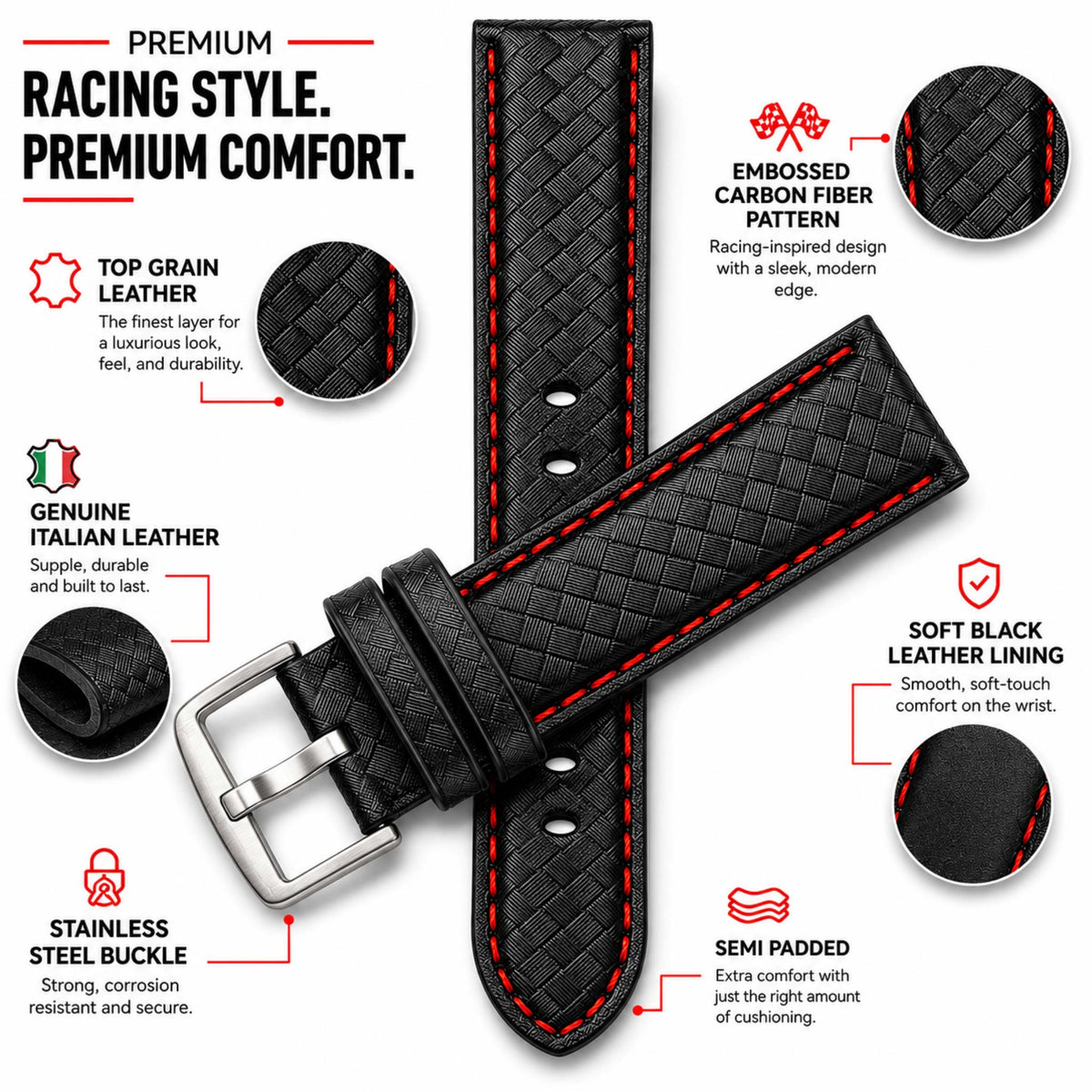 Bandini Mens Leather Carbon Fiber Pattern Watch Band Strap - 20mm, 22mm, 24mm