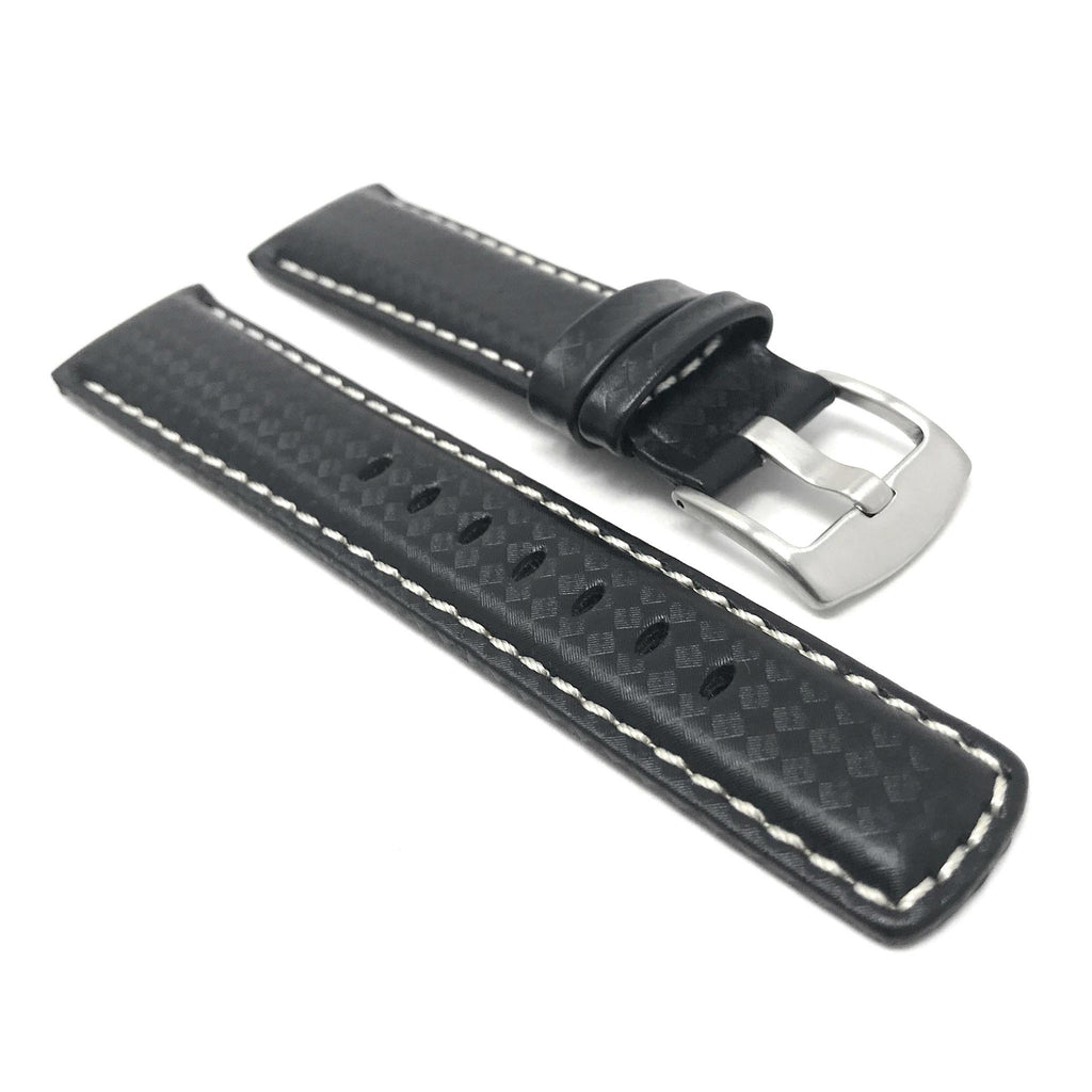 Bandini Mens Leather Carbon Fiber Pattern Watch Band Strap - 20mm, 22mm, 24mm