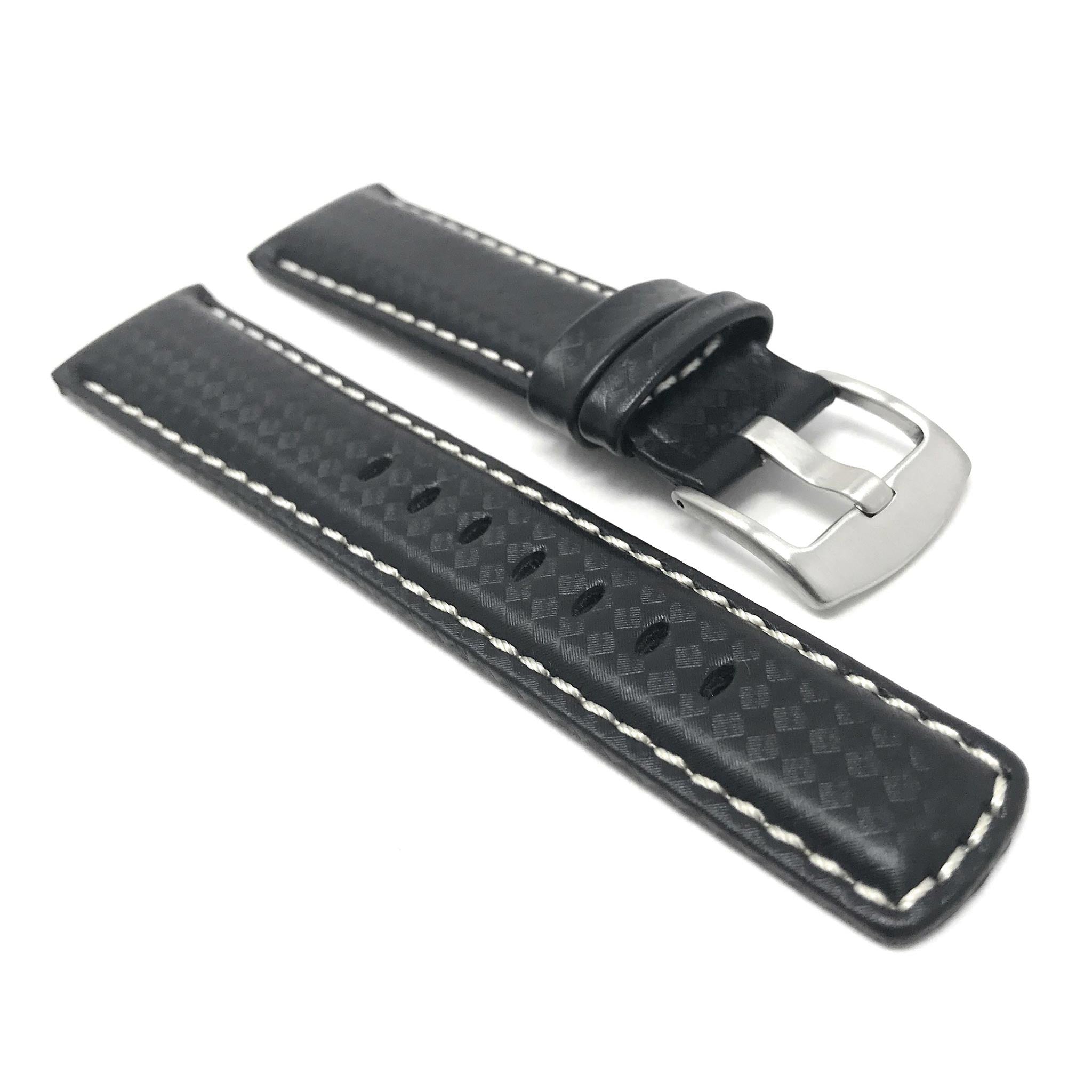 Bandini Mens Leather Carbon Fiber Pattern Watch Band Strap - 20mm, 22mm, 24mm