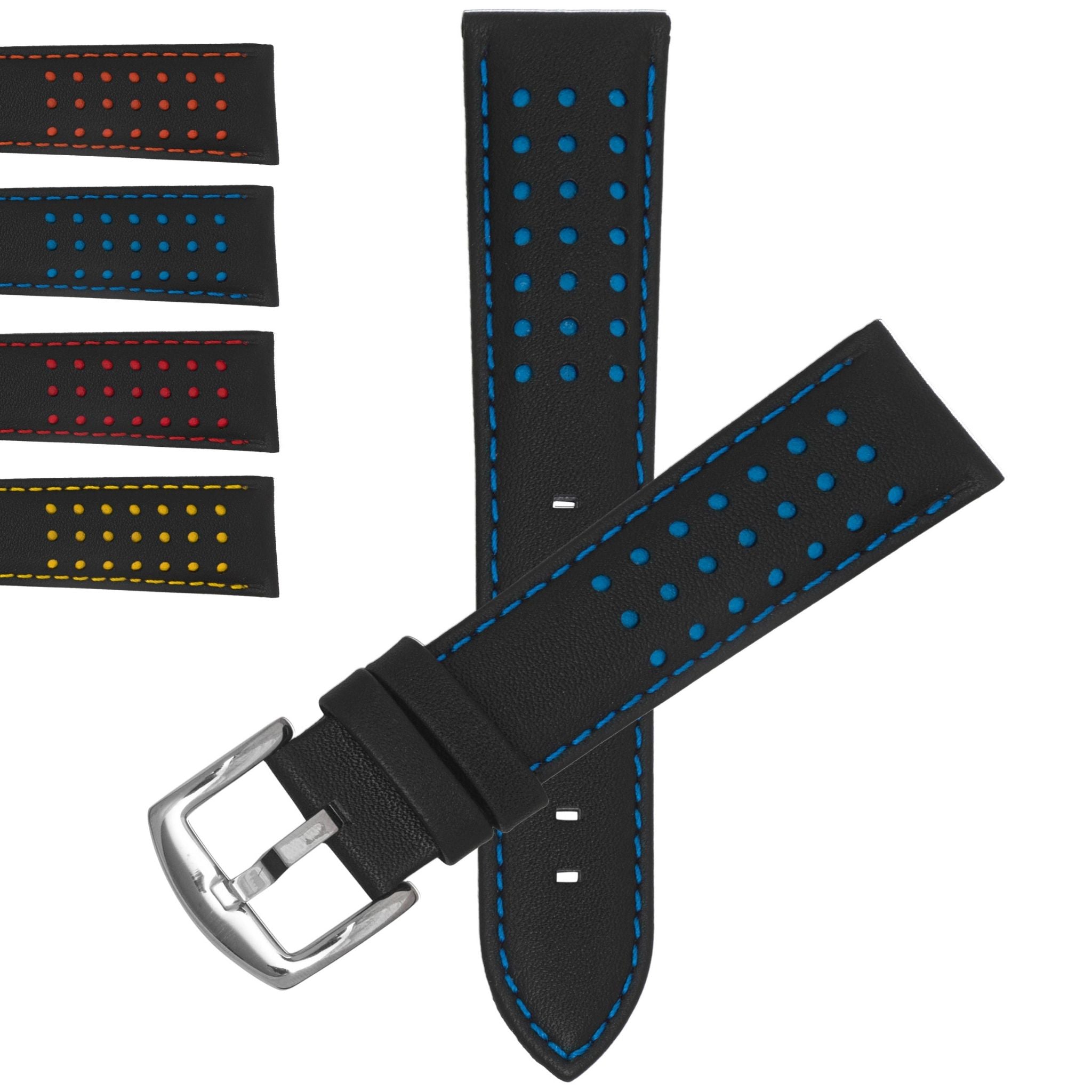 Bandini Mens Leather Two-Tone Rally Strap, Vented, Racing Watch Band - 20mm, 22mm