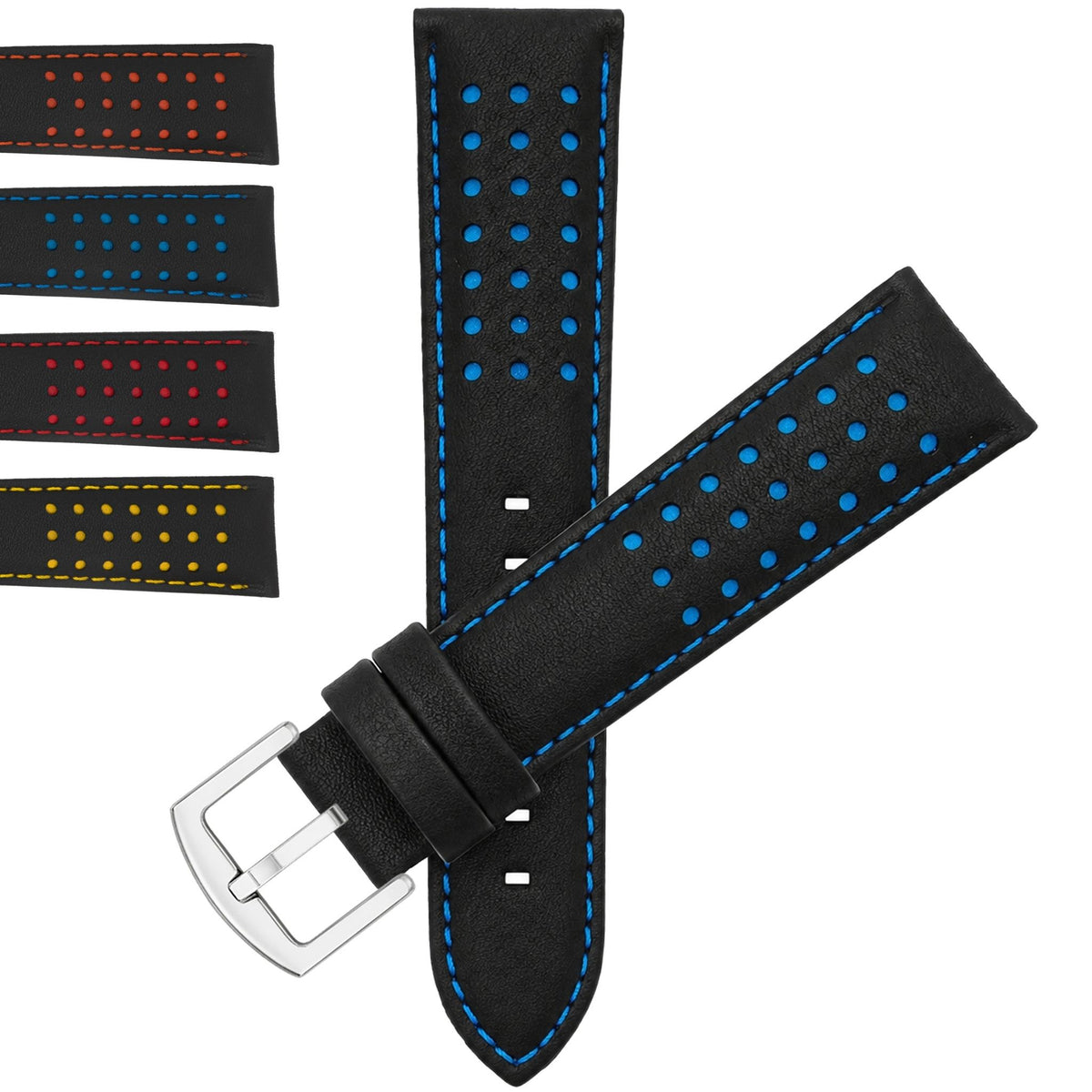 Bandini Mens Leather Two-Tone Rally Strap, Vented, Racing Watch Band - 20mm, 22mm