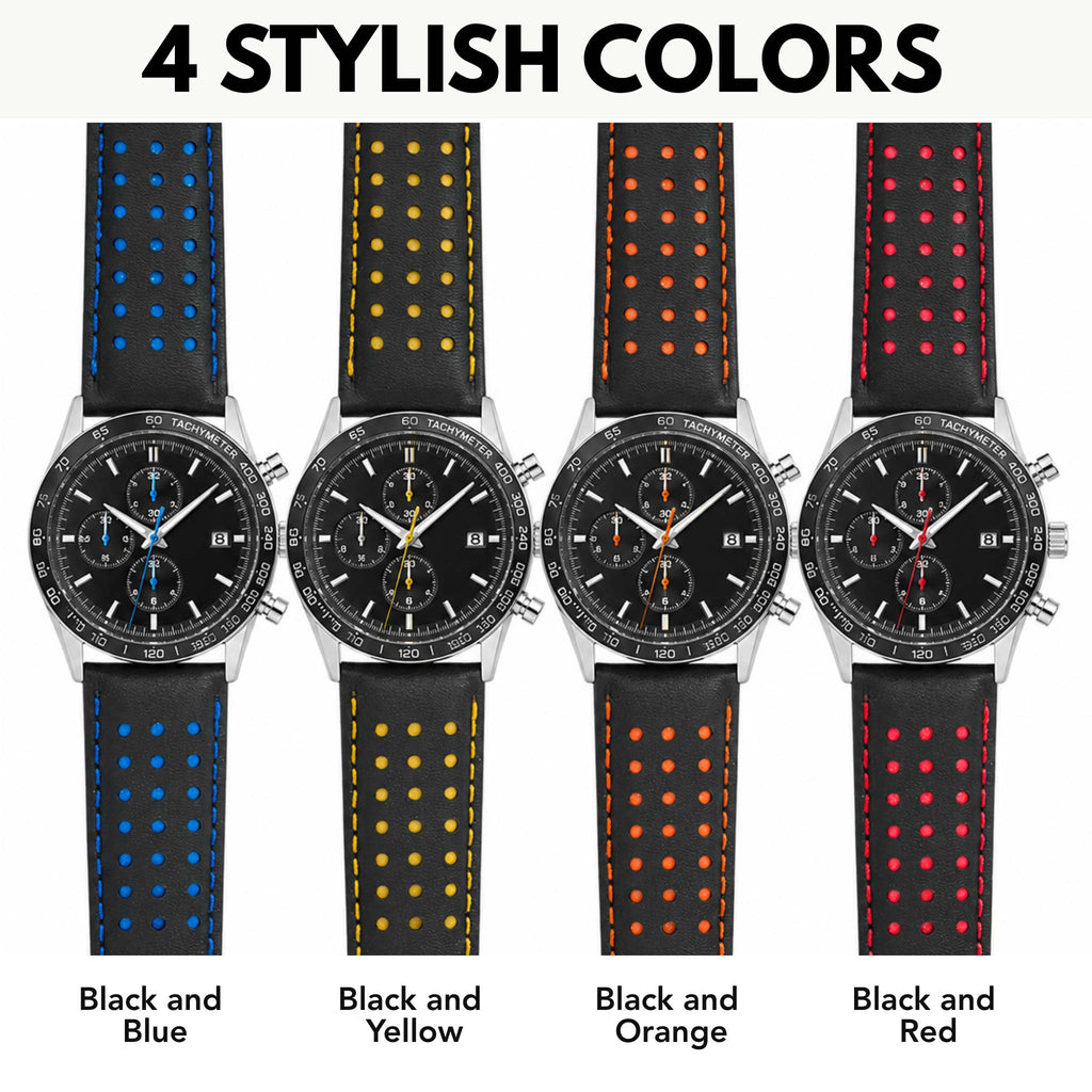 Bandini Mens Leather Two-Tone Rally Strap, Vented, Racing Watch Band - 20mm, 22mm