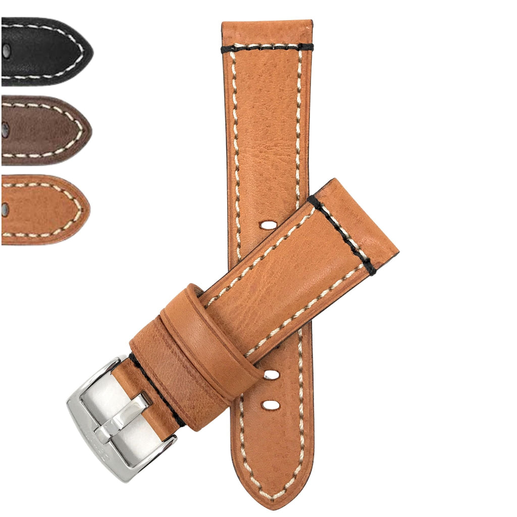 Bandini Mens Leather Watch Strap, Double Stitch - 22mm, 24mm