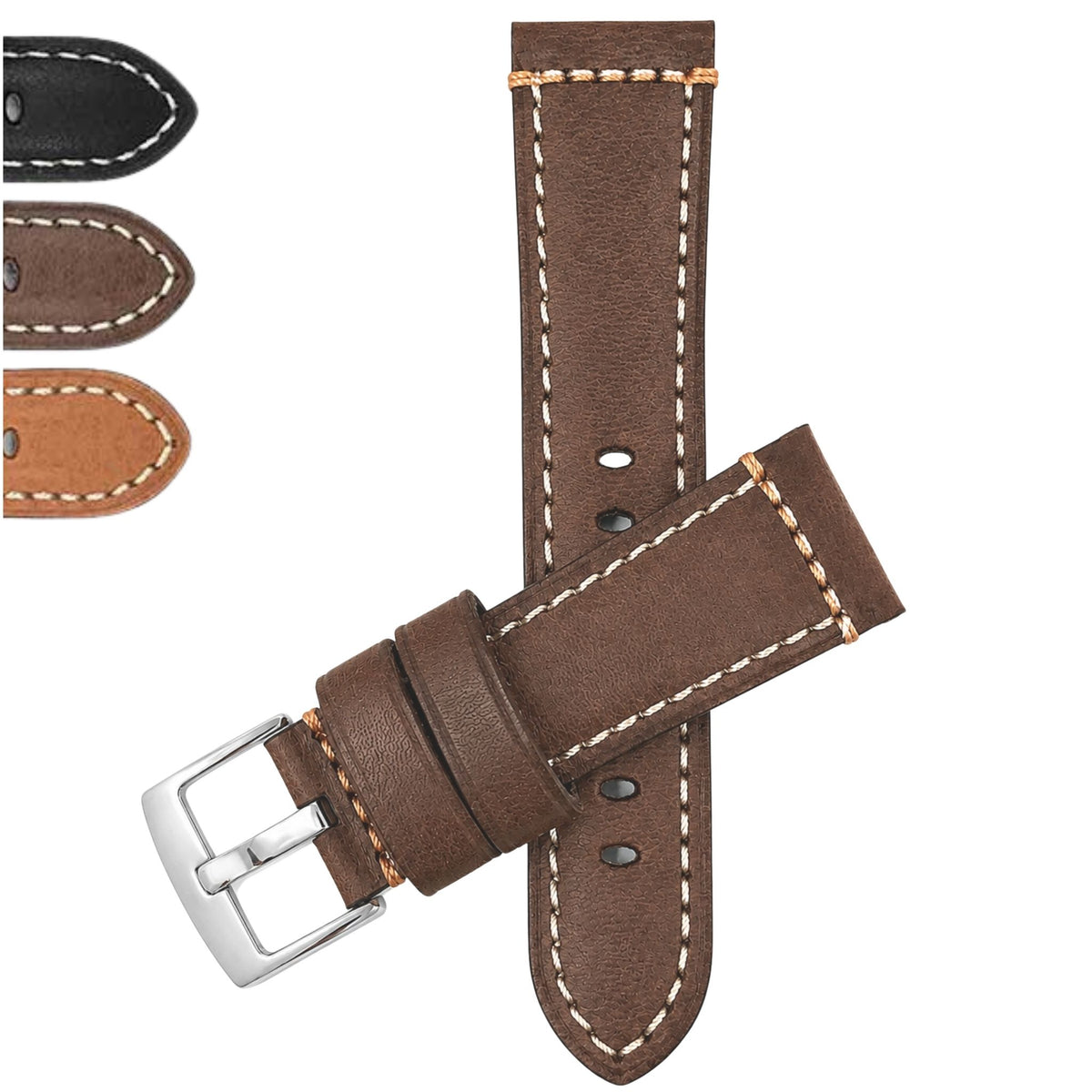 Bandini Mens Leather Watch Strap, Double Stitch - 22mm, 24mm