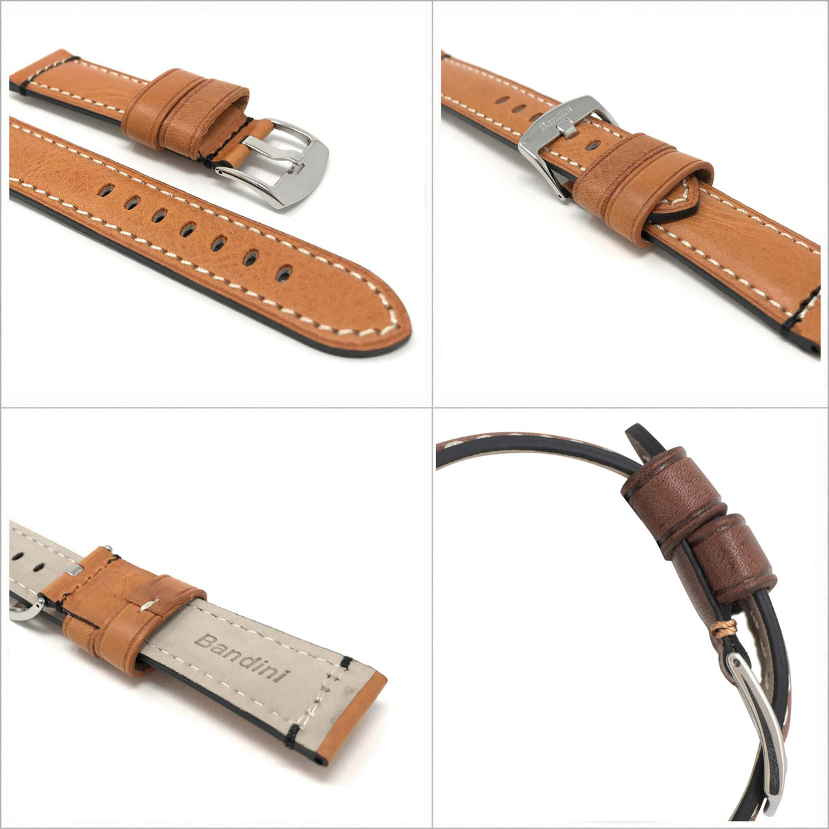 Bandini Mens Leather Watch Strap, Double Stitch - 22mm, 24mm
