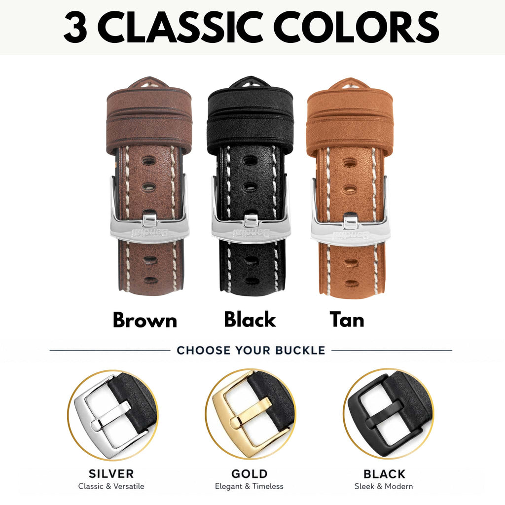 Bandini Mens Leather Watch Strap, Double Stitch - 22mm, 24mm