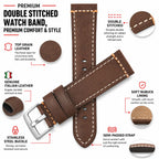 Bandini Mens Leather Watch Strap, Double Stitch - 22mm, 24mm