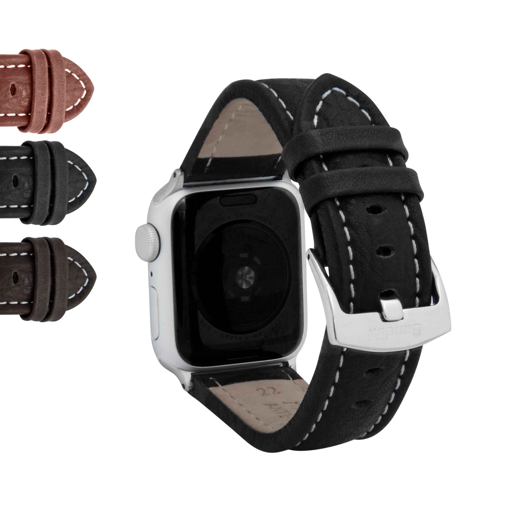 Bandini Mens Classic Padded Leather Watch Band for Apple Watch - Buffalo Pattern, White Stitch