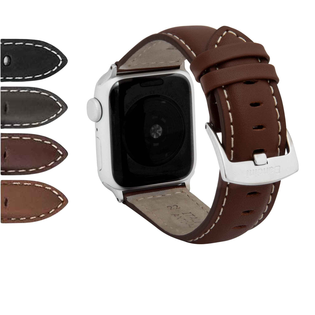 Bandini Mens Classic Padded Leather Watch Band for Apple Watch - White Stitch