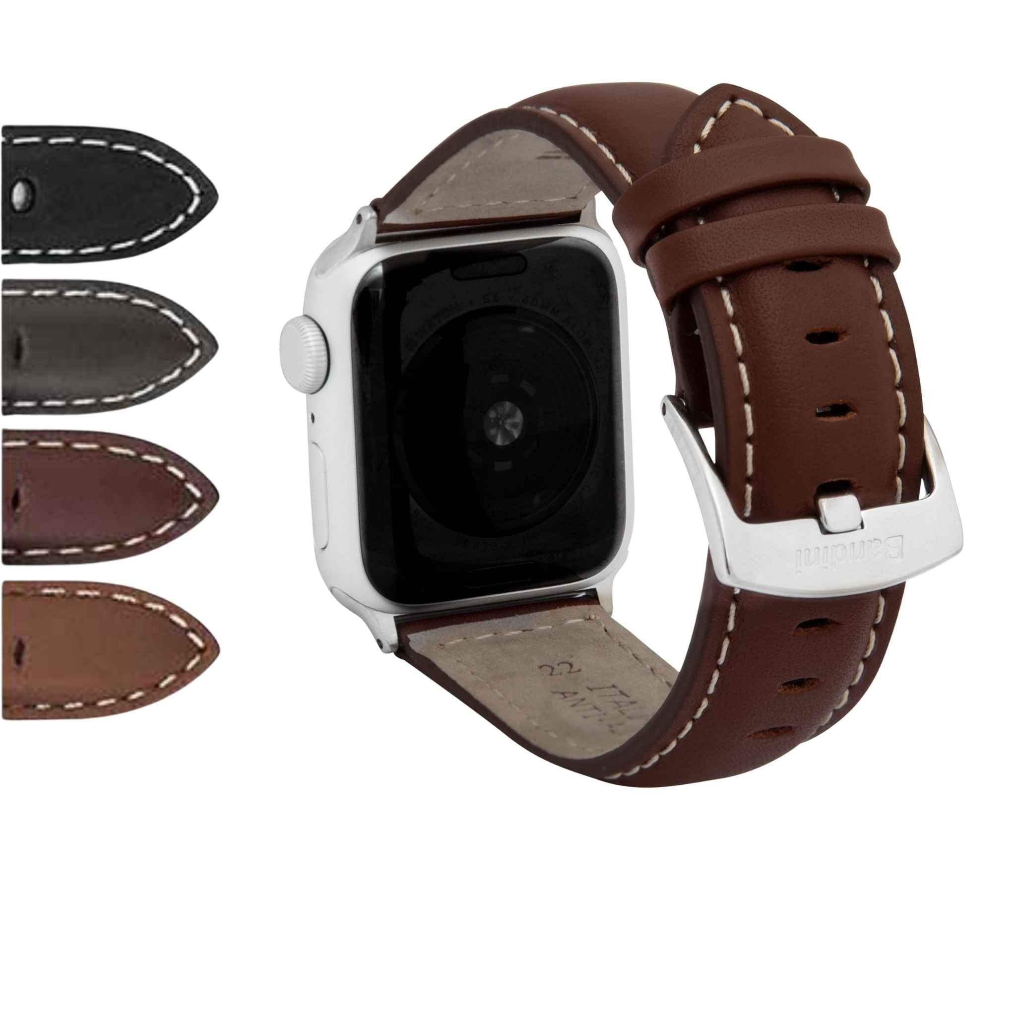 Bandini Mens Classic Padded Leather Watch Band for Apple Watch - White Stitch