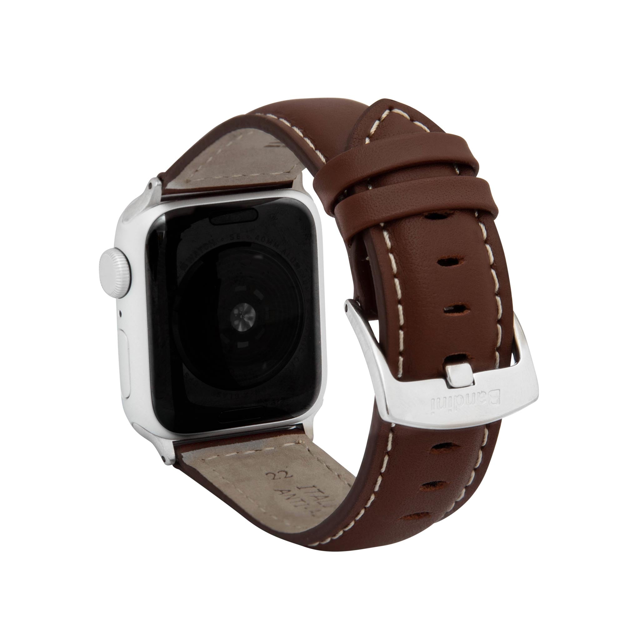 Bandini Mens Classic Padded Leather Watch Band for Apple Watch - White Stitch