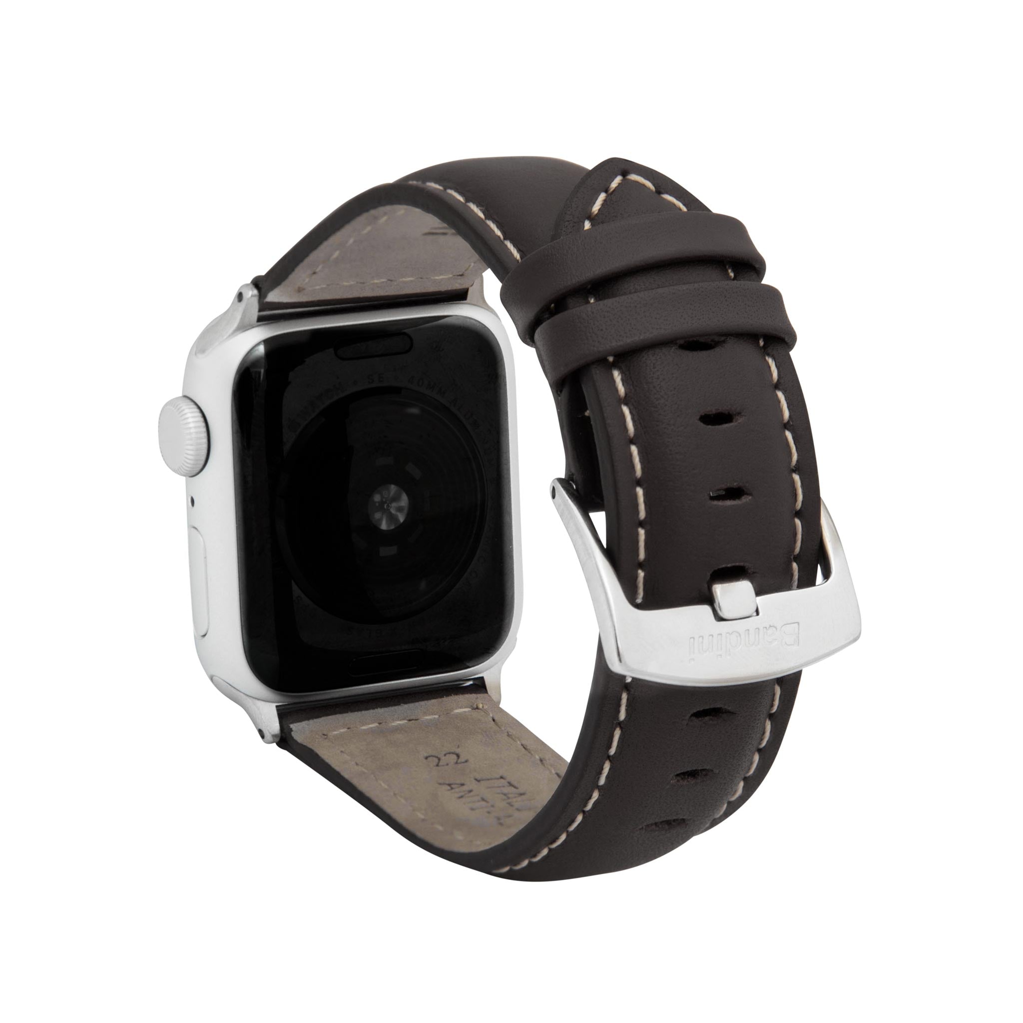 Bandini Mens Classic Padded Leather Watch Band for Apple Watch - White Stitch