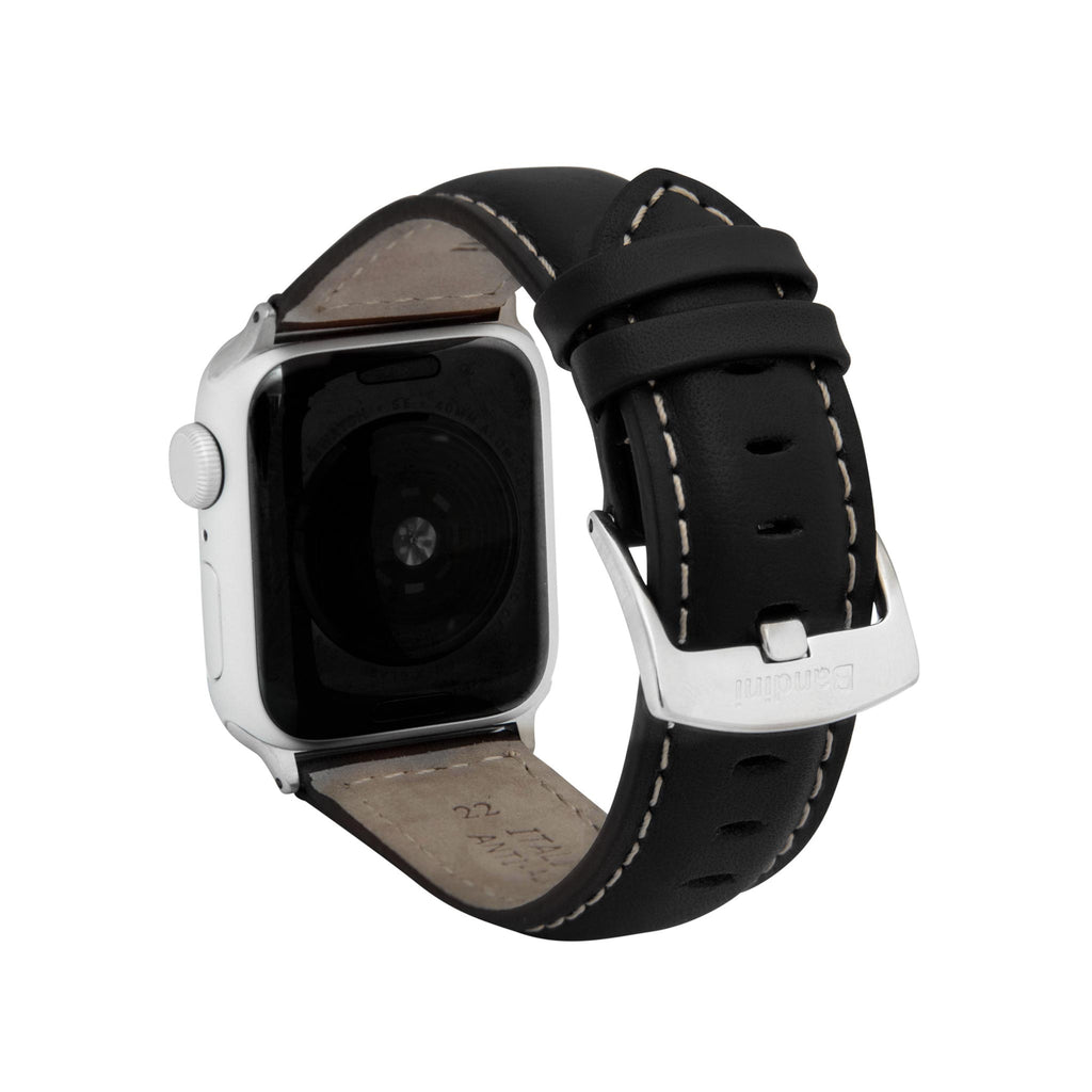 Bandini Mens Classic Padded Leather Watch Band for Apple Watch - White Stitch