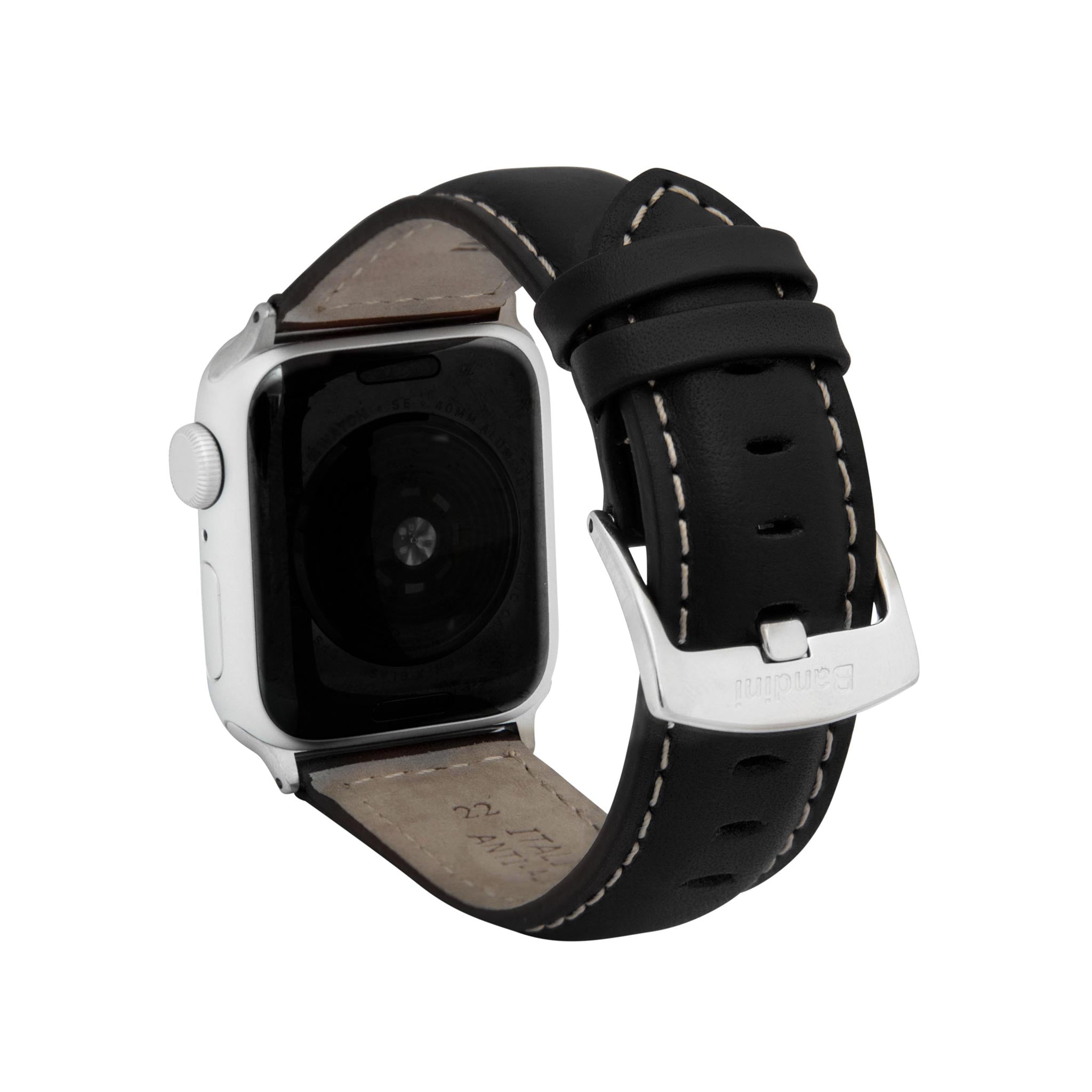 Bandini Mens Classic Padded Leather Watch Band for Apple Watch - White Stitch
