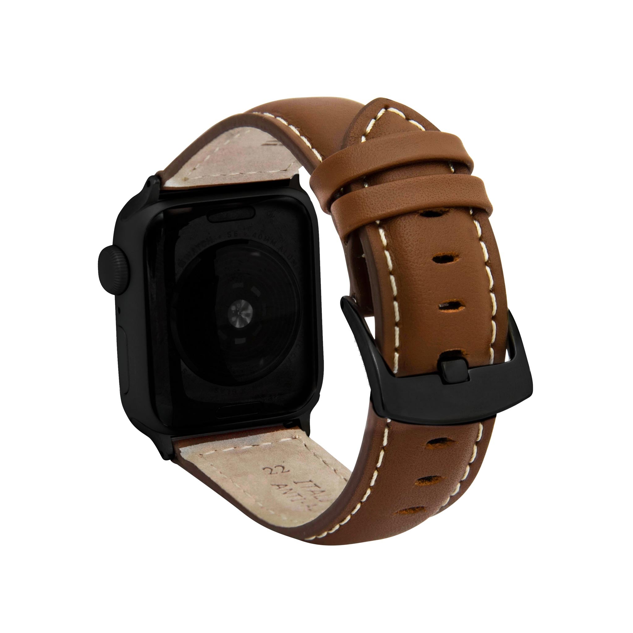 Bandini Mens Classic Padded Leather Watch Band for Apple Watch - White Stitch