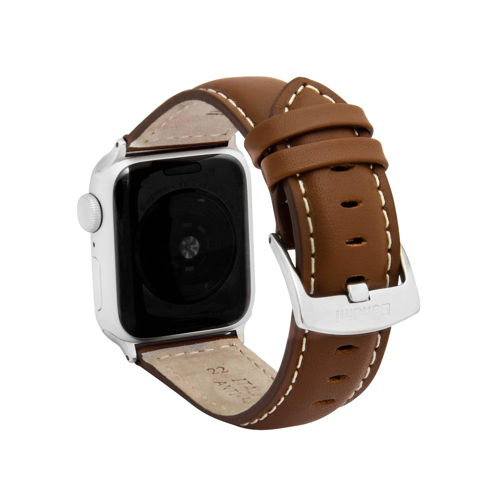 Bandini Mens Classic Padded Leather Watch Band for Apple Watch - White Stitch
