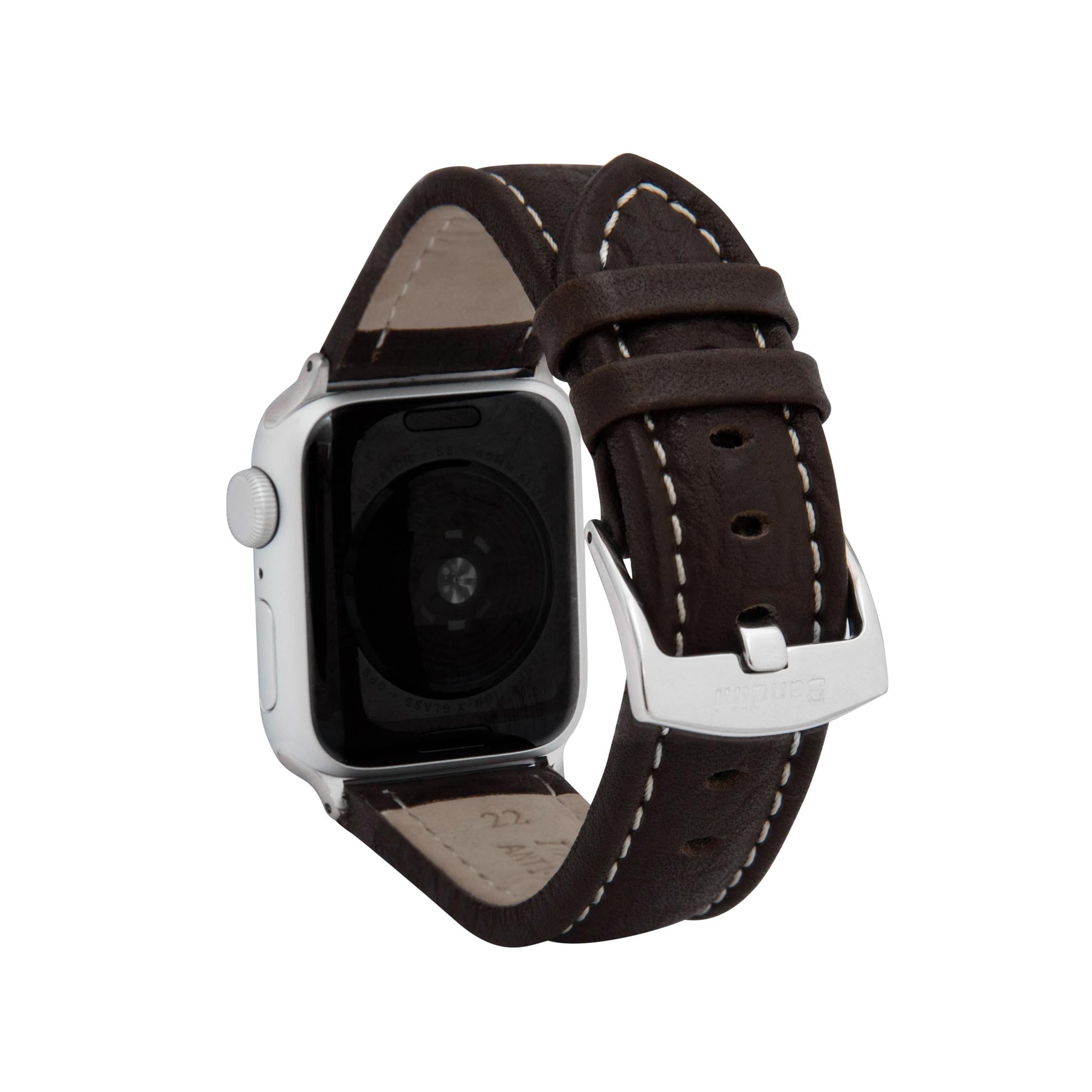 Bandini Mens Classic Padded Leather Watch Band for Apple Watch - Buffalo Pattern, White Stitch