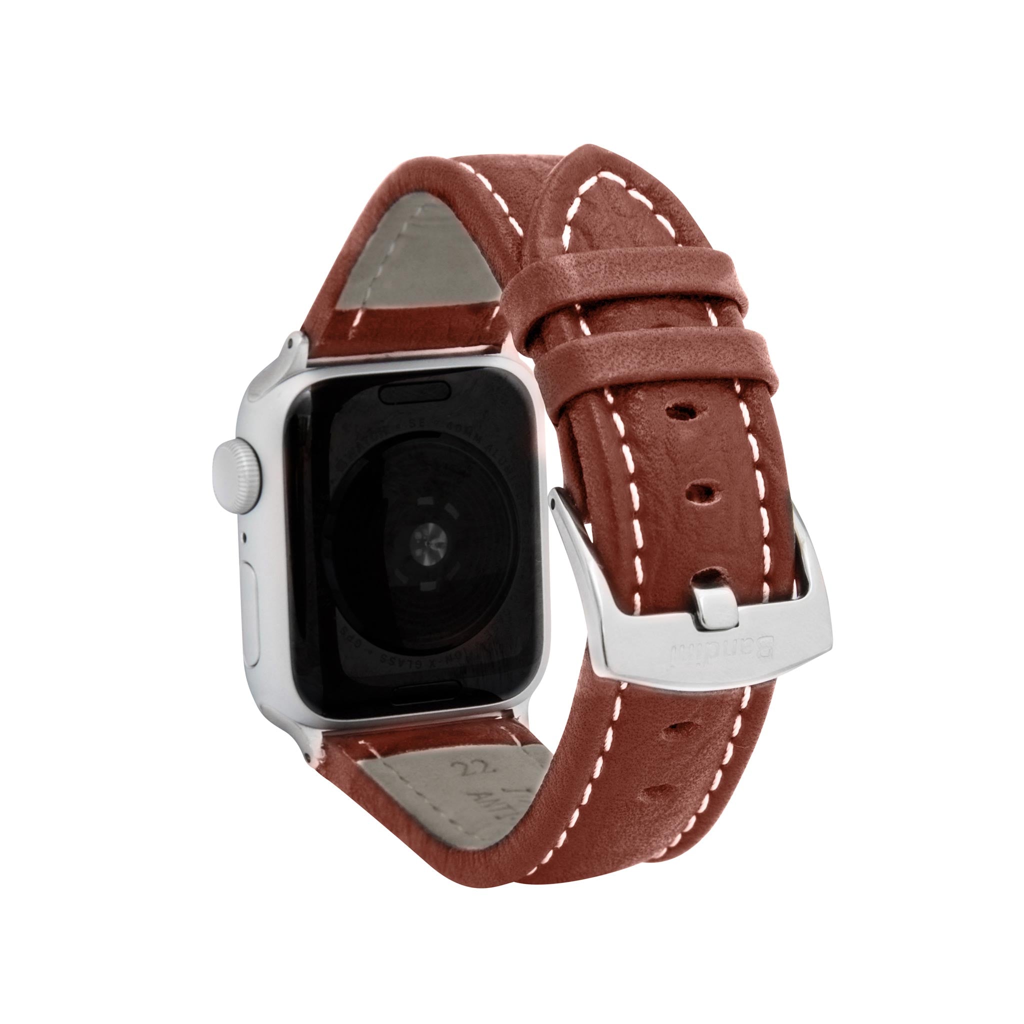 Bandini Mens Classic Padded Leather Watch Band for Apple Watch - Buffalo Pattern, White Stitch