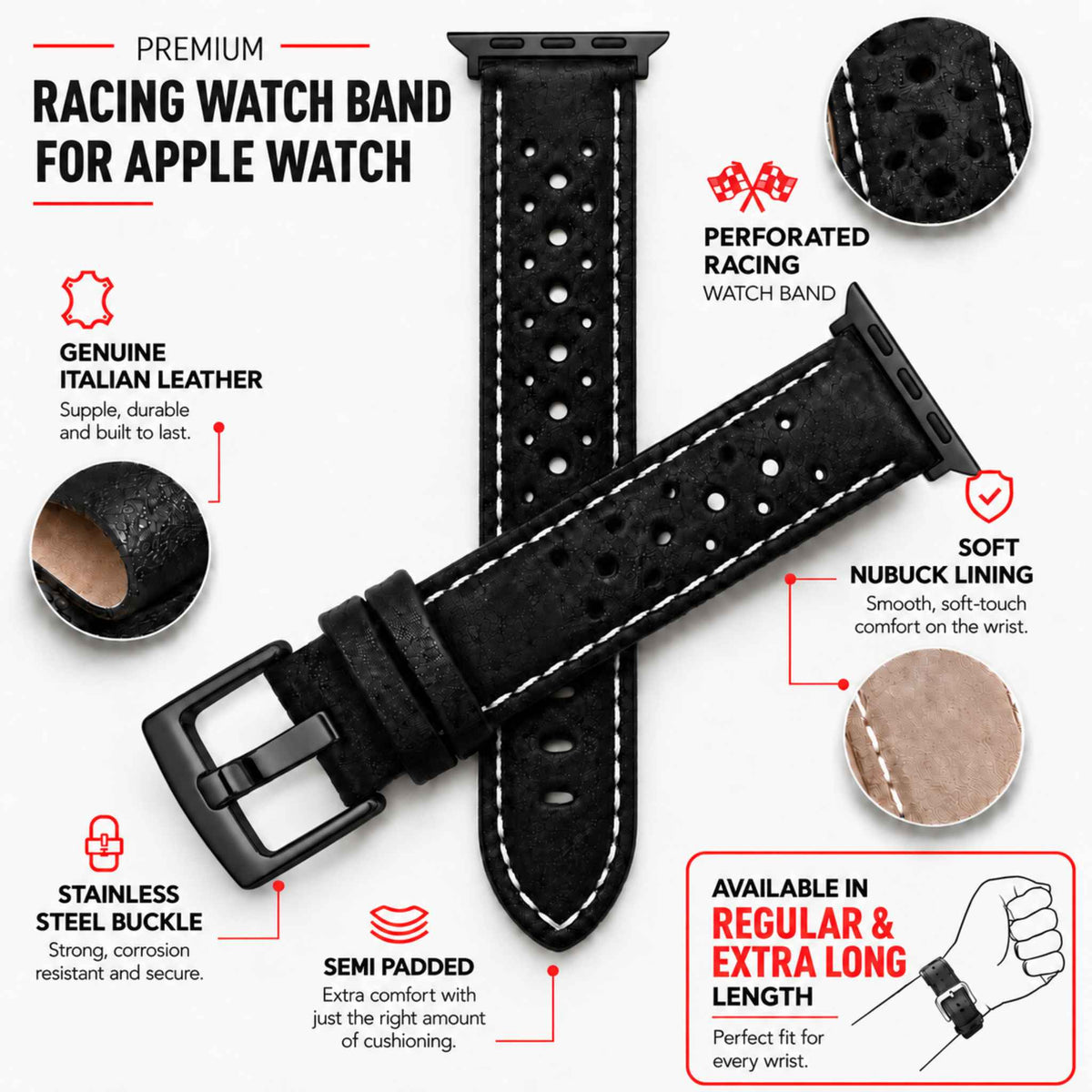 Bandini Leather Rally Racing Watch Band for Apple Watch - Black Buckle
