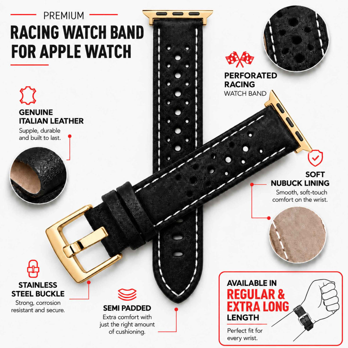 Bandini Leather Rally Racing Watch Band for Apple Watch - Gold Buckle