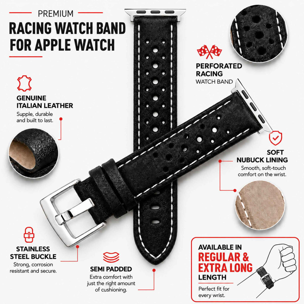 Bandini Leather Rally Racing Watch Band for Apple Watch - Silver Buckle