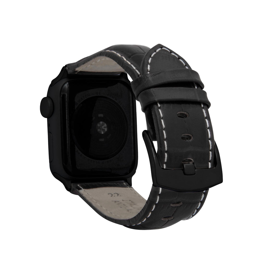 Bandini Mens Leather Watch Band for Apple Watch - Alligator Pattern, White Stitch