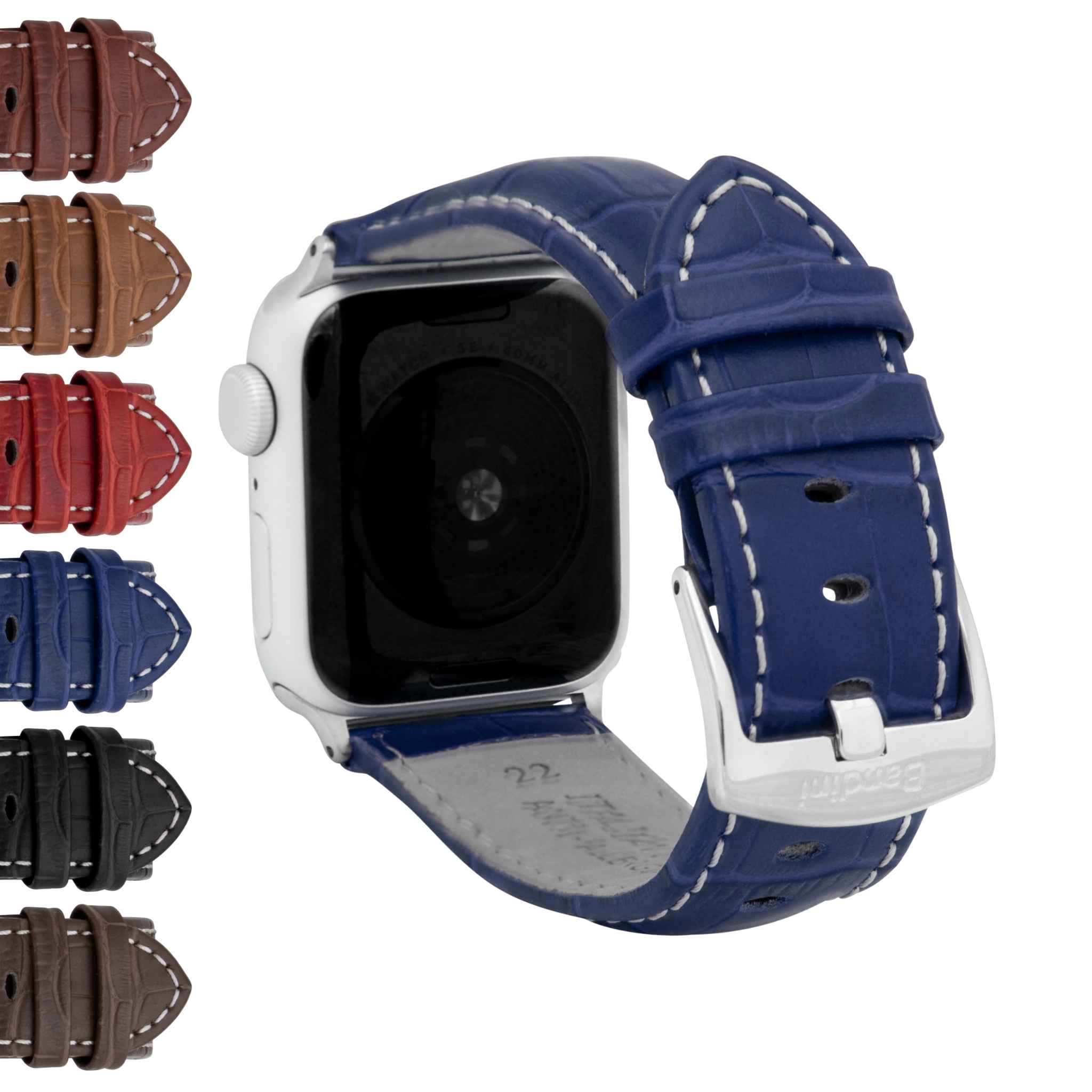 Bandini Mens Classic Leather Watch Band for Apple Watch - Alligator Pattern, White Stitch