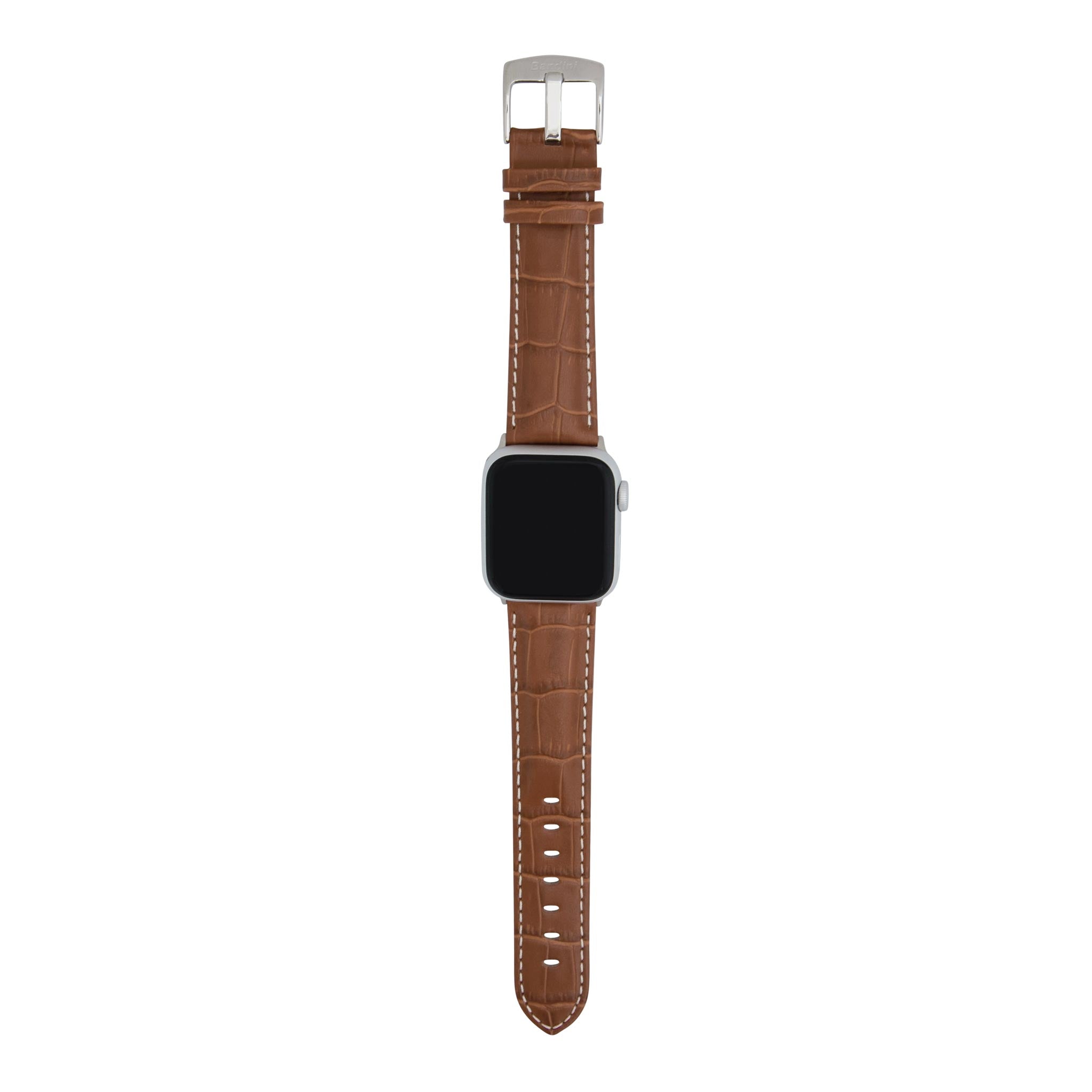 Bandini Mens Classic Leather Watch Band for Apple Watch - Alligator Pattern, White Stitch