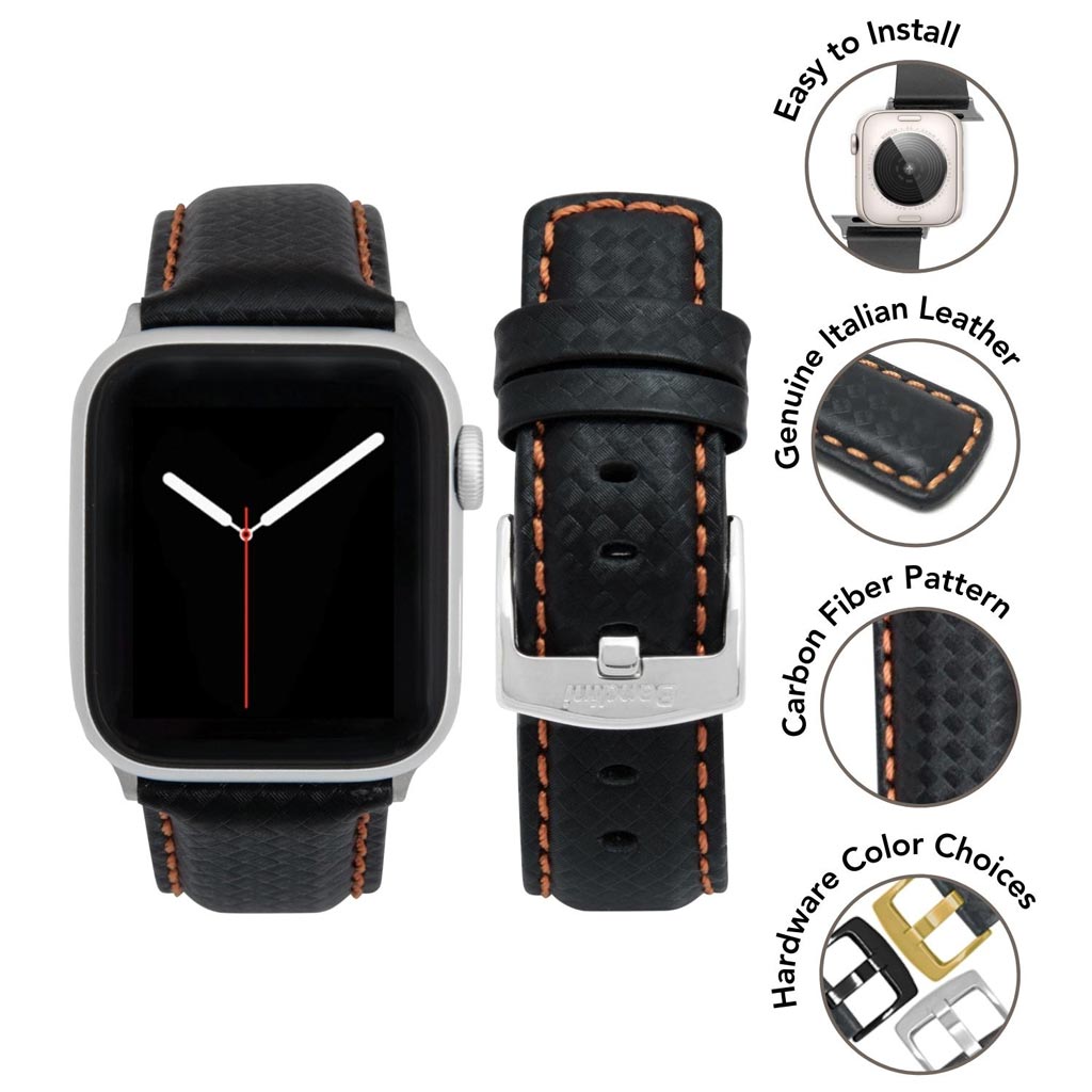 Bandini Mens Leather Carbon Fiber Watch Band for Apple Watch