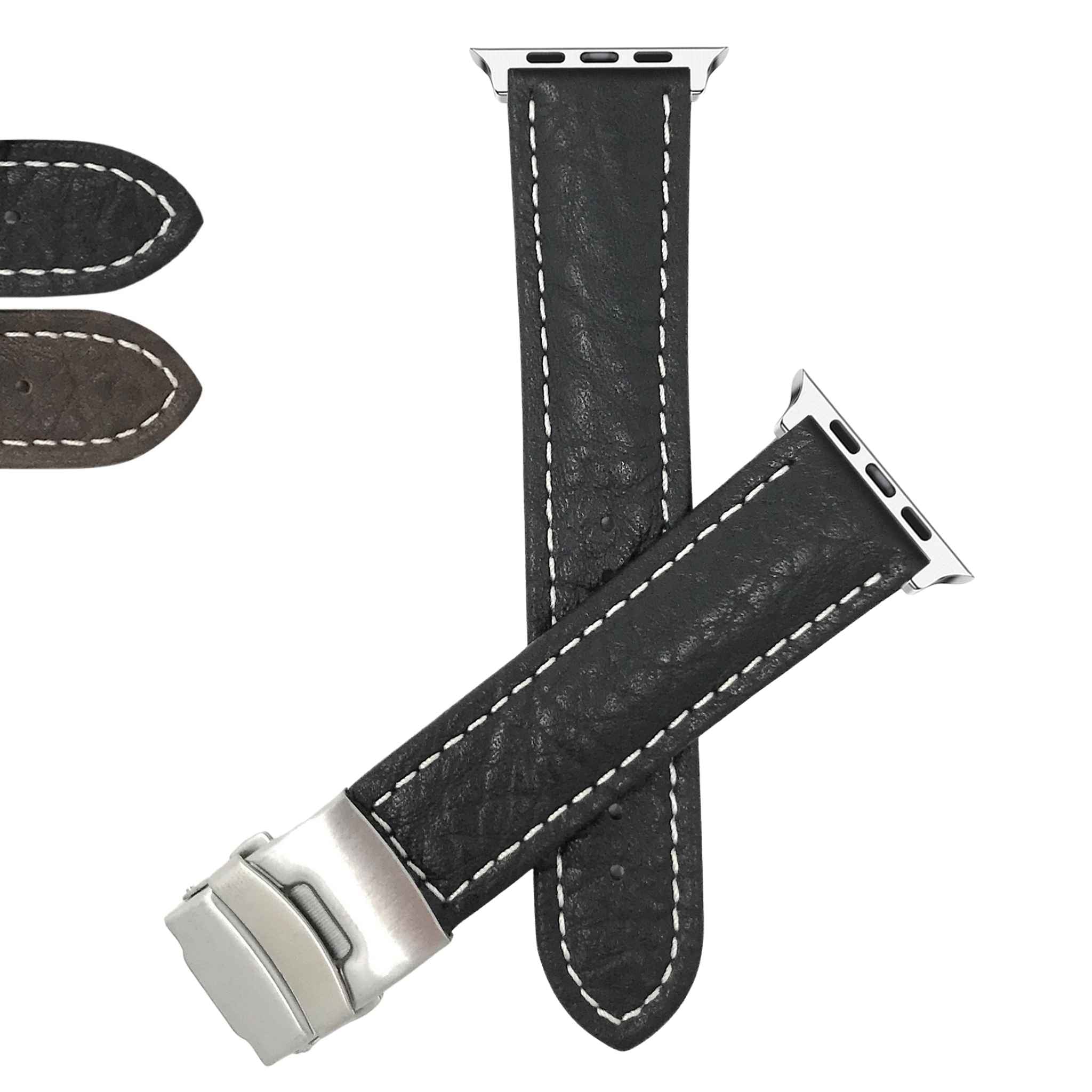 Bandini Padded Leather Watch Band with Deployment Clasp for Apple Watch - White Stitch