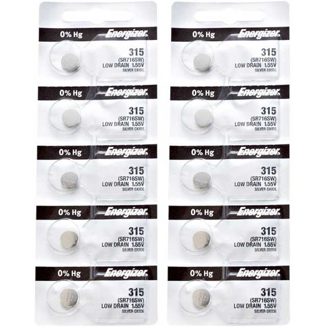 10 x Energizer 315 Watch Batteries, 1.55V, 0% MERCURY equivalent SR716SW