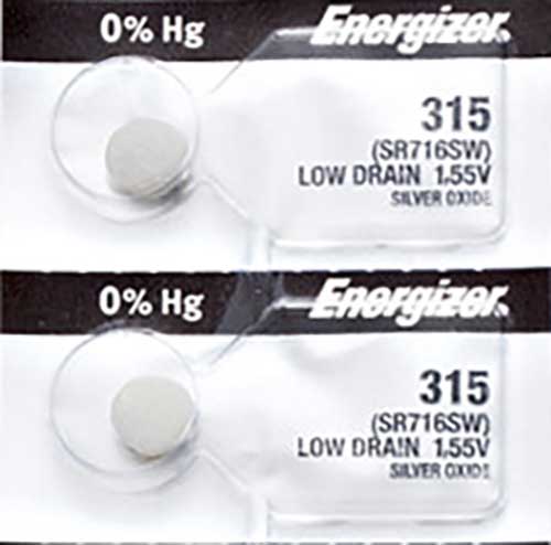 2 x Energizer 315 Watch Batteries, 1.55V, 0% MERCURY equivalent SR716SW