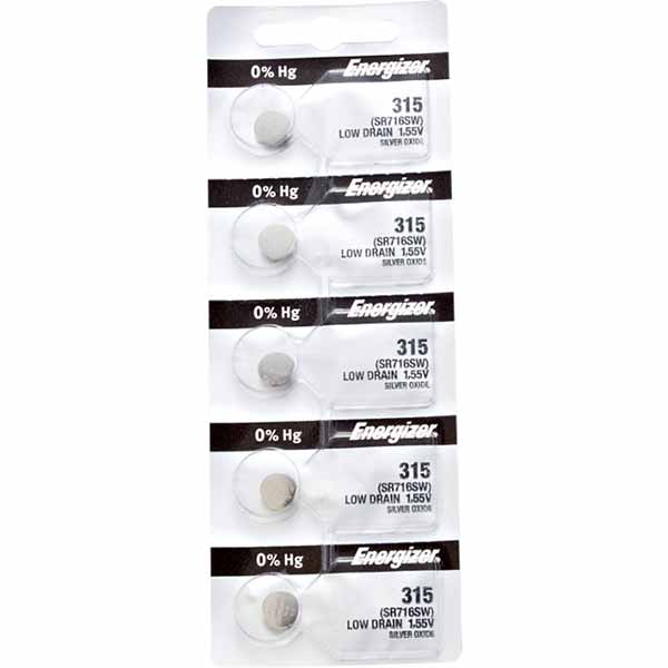 5 x Energizer 315 Watch Batteries, 1.55V, 0% MERCURY equivalent SR716SW