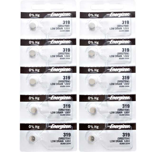10 x Energizer 319 Watch Batteries, 1.55V, 0% MERCURY equivalent SR527SW, 527