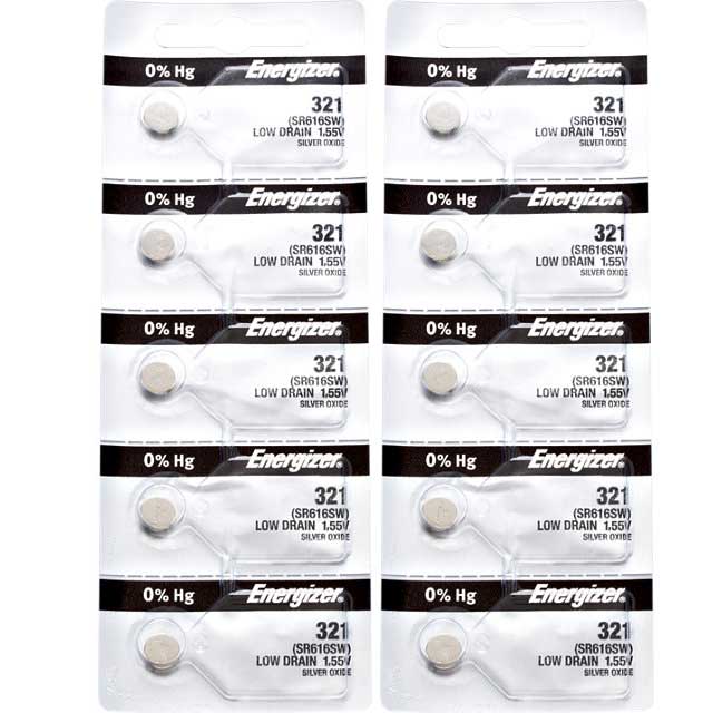10 x Energizer 321 Watch Batteries, 1.55V, 0% MERCURY equivalent SR616W
