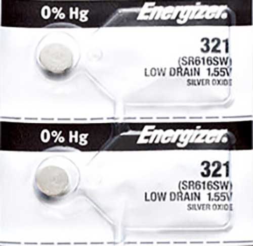 2 x Energizer 321 Watch Batteries, 1.55V, 0% MERCURY equivalent SR616W