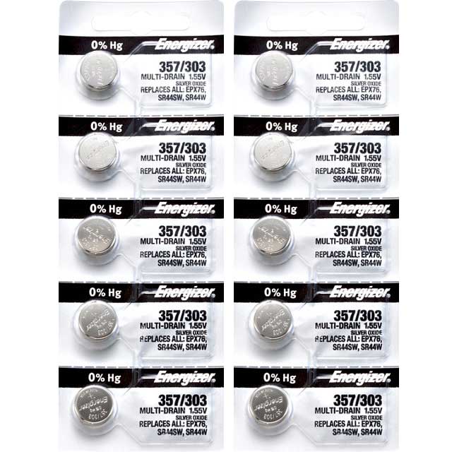 10 x Energizer 357 Watch Batteries, 1.55V, 0% MERCURY equivalent SR44SW, 44, 303