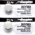 2 x Energizer 357 Watch Batteries, 1.55V, 0% MERCURY equivalent SR44SW, 44, 303