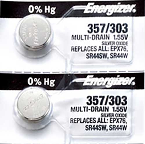 2 x Energizer 357 Watch Batteries, 1.55V, 0% MERCURY equivalent SR44SW, 44, 303