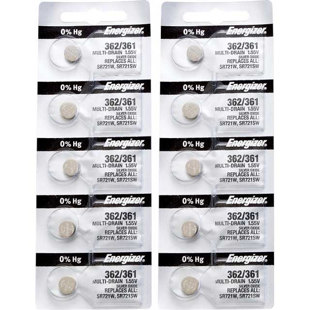 10 x Energizer 362 Watch Batteries, 1.55V, 0% MERCURY equivalent SR721SW, 361
