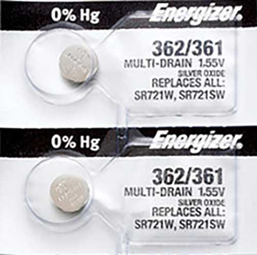 2 x Energizer 362 Watch Batteries, 1.55V, 0% MERCURY equivalent SR721SW, 361