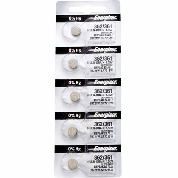 5 x Energizer 362 Watch Batteries, 1.55V, 0% MERCURY equivalent SR721SW, 361