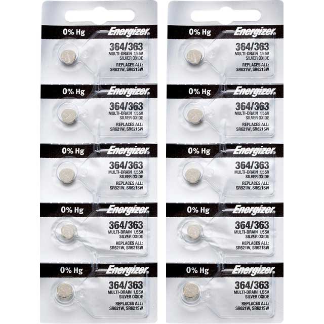 10 x Energizer 364 Watch Batteries, 1.55V, 0% MERCURY equivalent SR621SW