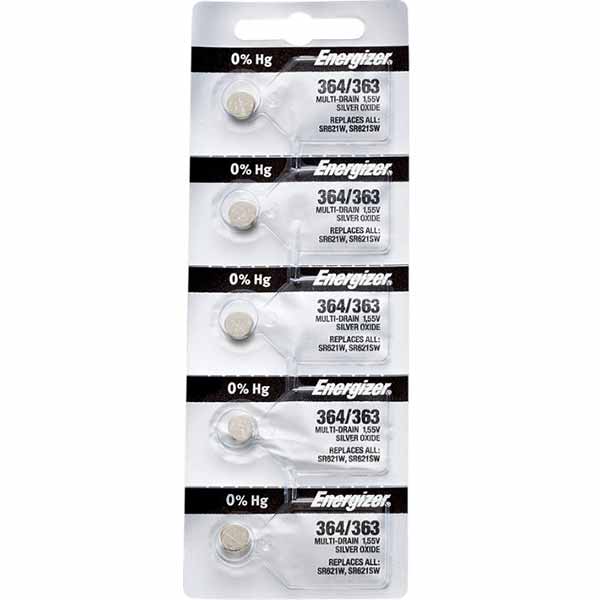 5 x Energizer 364 Watch Batteries, 1.55V, 0% MERCURY equivalent SR621SW